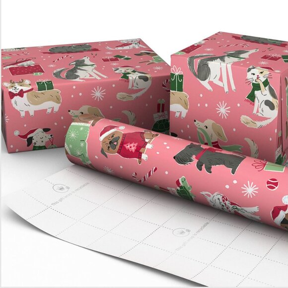 Hallmark Wrapping Paper Christmas Cute Cats and Dogs Pink 35 sq ft Roll Holiday - Picture 3 of 6